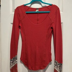 We The Free Red Long Sleeve Top with Patterned Cuffs
